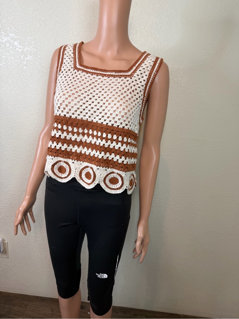 Ultra Pink Crochet Square Neck Tank Top in White and Brown - Picture 3 of 12